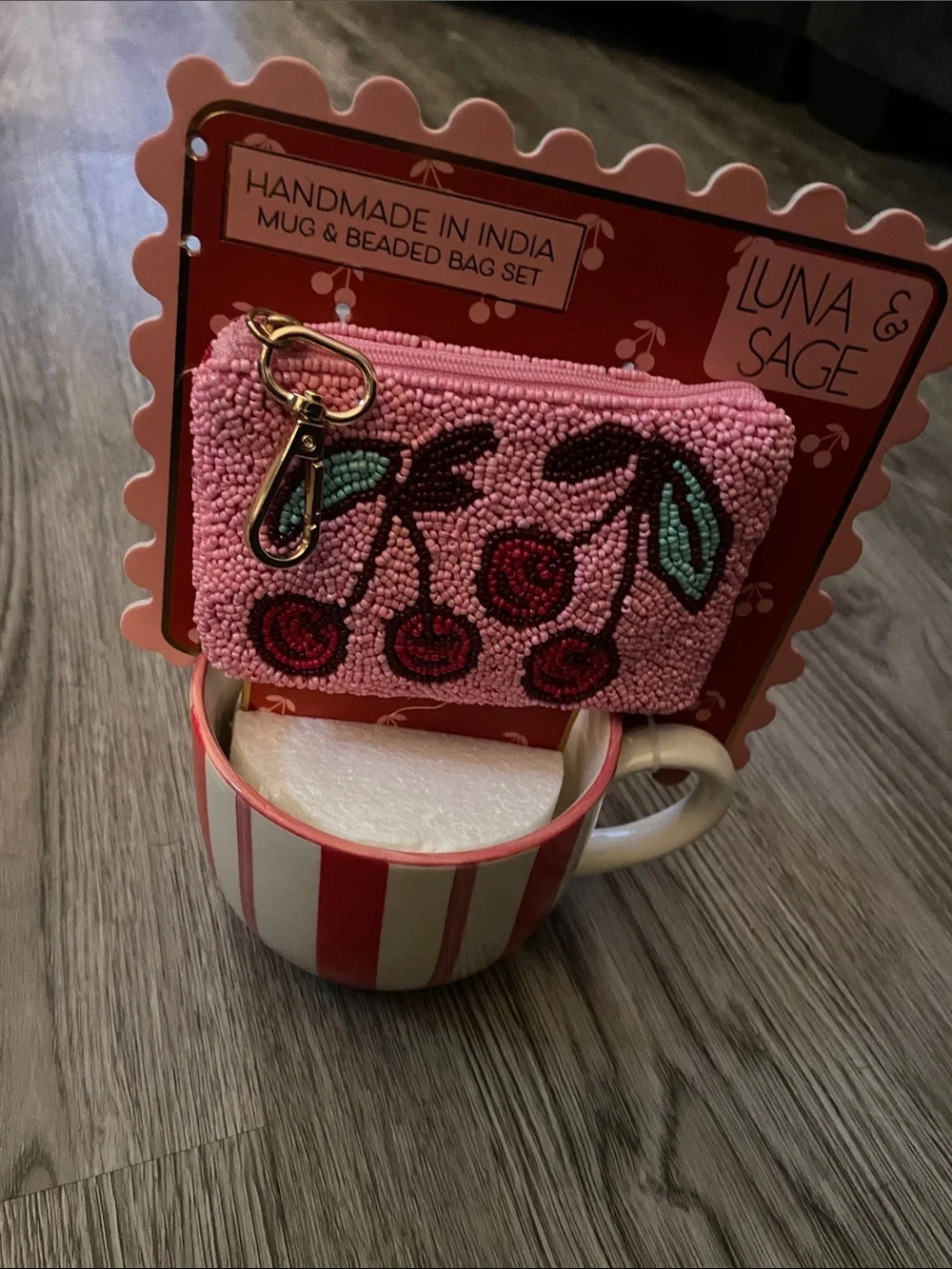 Luna & Sage Pink Beaded Cherry Key & Card Holder with Gold Clip